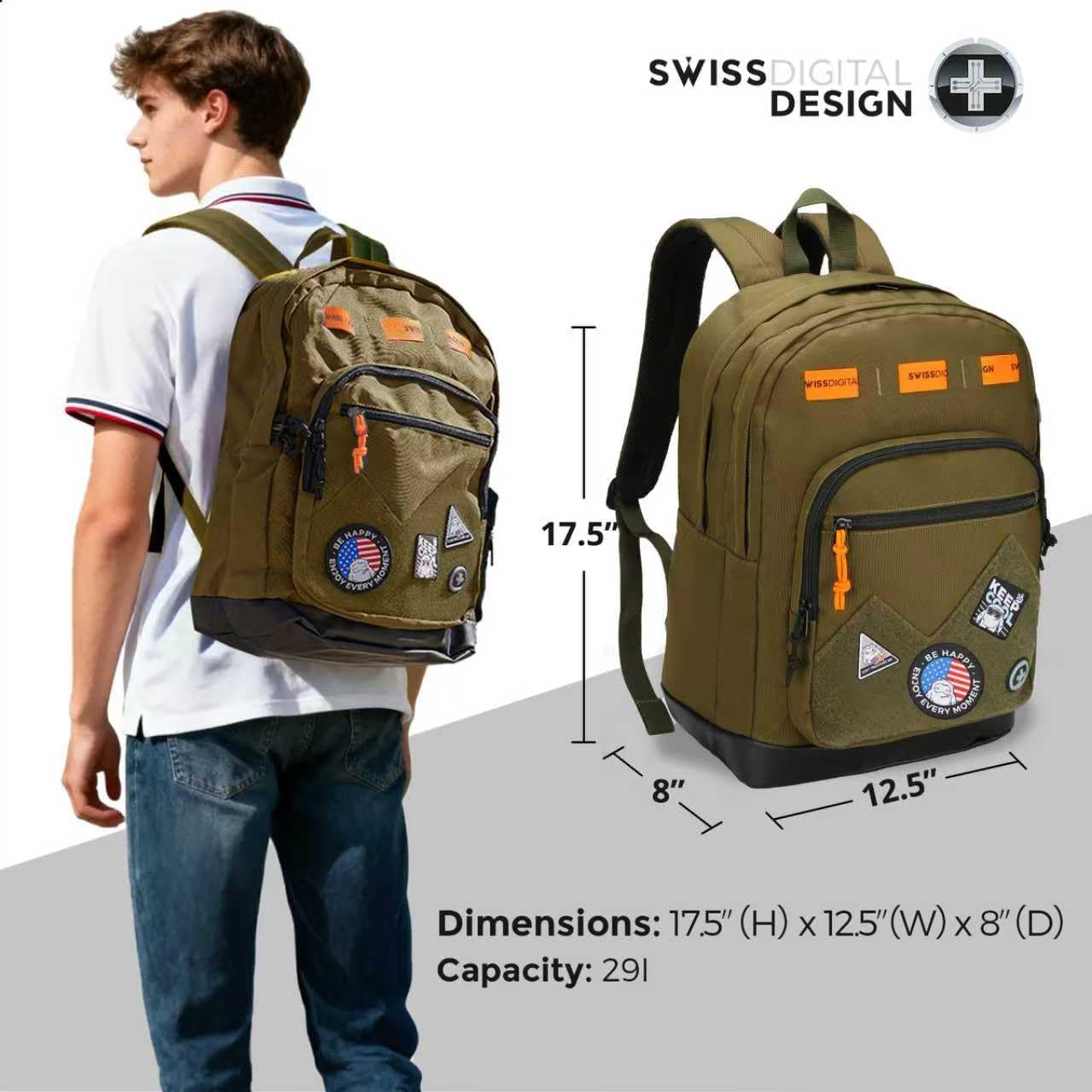 Swissdigital Big Student Laptop Backpack - Fun Personalized Patches for Teens | Olive Color - SD1718-26