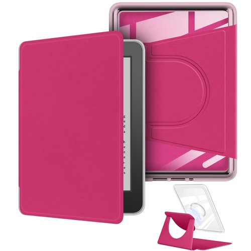 360 Degree Rotating Case for 7" Kindle Paperwhite (12th Generation-2024 Release), Detachable Magnetic Design Protective Adjustable Stand Cover Clear Back with Auto Sleep/Wake, Raspberry