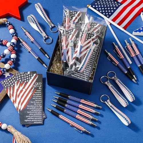 60 Pcs Veterans Day Gifts Bulk Patriotic Party Favor American Flag Ballpoint Pens USA Keychains Bookmarks for Memorial Day Souvenir Gifts