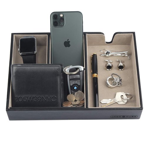 JACKCUBE DESIGN - Valet Tray Multi Leather, Desk or Dresser Organizer, Catch-all for Keys, Phone, Wallet, Coin, Jewelry and Nightstand(Black, 10.6 x 7.2 x 1.9 inches) - :MK233A