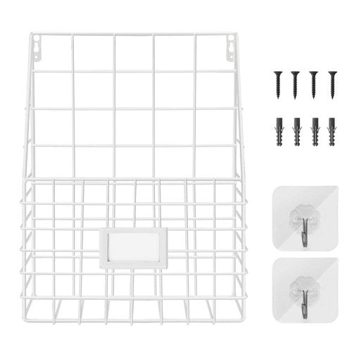 Flexzion Wall Mounted Magazine File Rack Organizer for Entryway Mail Office Kitchen Bathroom Home Basket Bin Decor Metal Wire Shelves Storage for A4 Documents Tablest DMs Comic Books Recipes, White