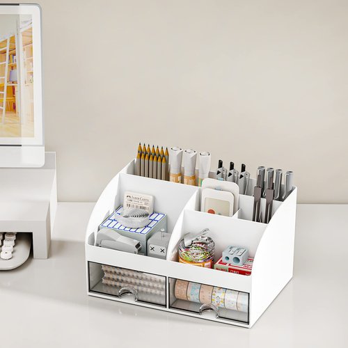 COMFYROOM Desk Organizer with 6 Compartments and 2 Drawers, Plastic Makeup Organizer, Pen Holder for Desktop Storage, Desk Organization for School, Home, Office Supplies (White-2Pack)