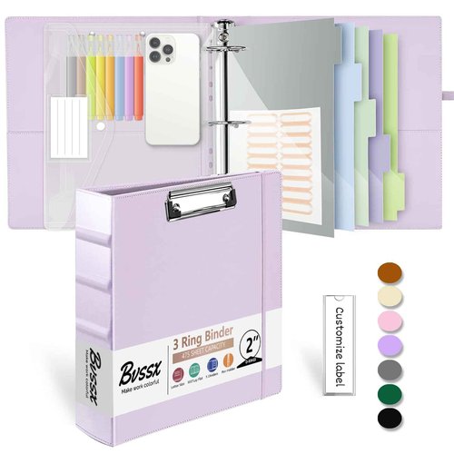 Leather 3 Ring Binder, 2 Inch Binders with Clipboards, 5-Tabs Pockets Dividers, 18 Divider Stikers, Plastic Folder, Pen Holder, Three Ring Binder with Pen Holder(Purple, Letter Size)