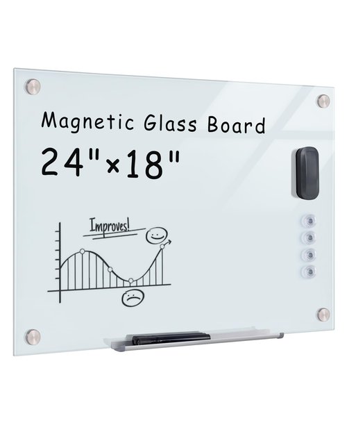 Mifuro Magnetic Glass Whiteboard，24"x18" Wall Mounted Frameless Dry Erase Board for Office, Home & School White