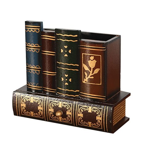 NUOBESTY Retro Pen Cup Holder Book Style Wooden Pencil Organizer Desktop Remote Pen Compartment Stand Home School Office Faux Book Pencil Caddy