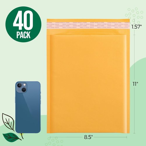 Fuxury Kraft Bubble Mailers - 8.5x12 Inch | 40 Pack Self-Seal Padded Envelopes for Small Business - Yellow