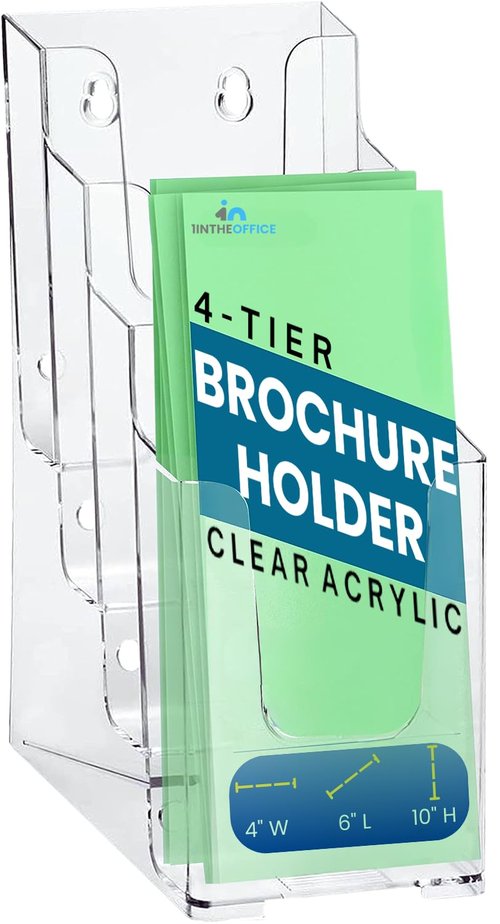 1InTheOffice Brochure Holder, Brochure Display Stand 4-Tier Pamphlet Holder Counter Top Use Clear Acrylic 4"x6"