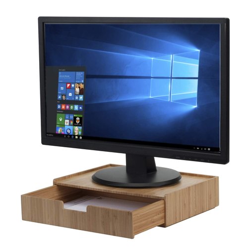 MobileVision Bamboo Drawer Large, Monitor Stand & Stackable Storage Solution for office products pens, pencils, scissors, notepads, business cards and more