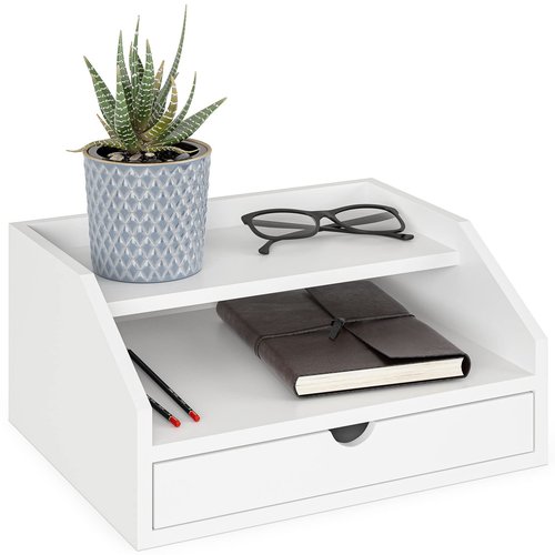 Ballucci Desk Organizer with Drawer, 2 Tier Paper Office Supplies Desk Organizer, 13 2/5" x 9 3/5" x 6", White