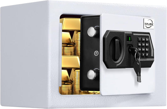 Tenamic Electronic Digital Safe Box - 0.23 Cubic Feet Keypad Lock Security Cabinet | Solid Alloy Steel, White