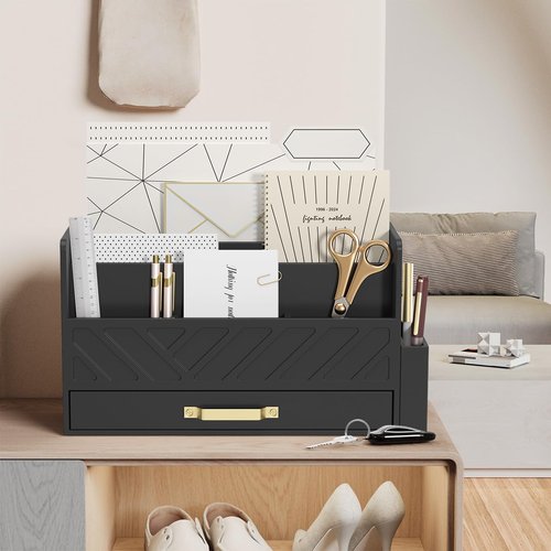 WISUCART Bamboo Desk Organizer Mail Holder Countertop Wood Desk Drawer Tabletop Storage Box Pen Holder Letter Sorter Makeup Organizer for School Home Office Supplies with Pen Holder Black