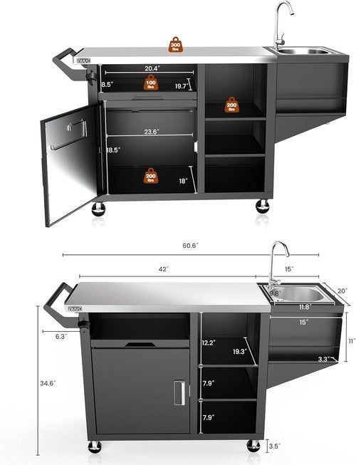 NUUK Grill Cart - Outdoor Kitchen Island with Sink & Storage Cabinet | Stainless Steel Top