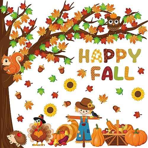 Fall Tree Bulletin Board Decorations for Classroom,Fall Autumn Thanksgiving Classroom Decorations with Big Tree Pumpkin Maple Leaf Turkey Scarecrow Cutout for School Home Chalkboard Wall Decor 136PCS