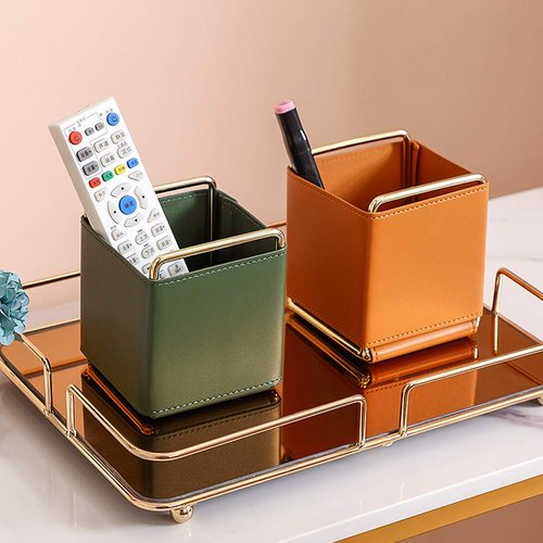 Kelendle Leather Pencil Holder Desktop Organizer Iron Art Desktop Makeup Brush Remote Control Storage Box Office Pen Holder for Desk Green