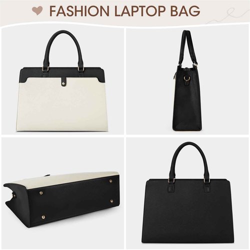 RAINSMORE Laptop Bag for Women 15.6 Inch Laptop Tote Bag Leather Work Bag Waterproof Womens Briefcase Business Office Computer Tote Large Capacity Handbag, Beige and Black