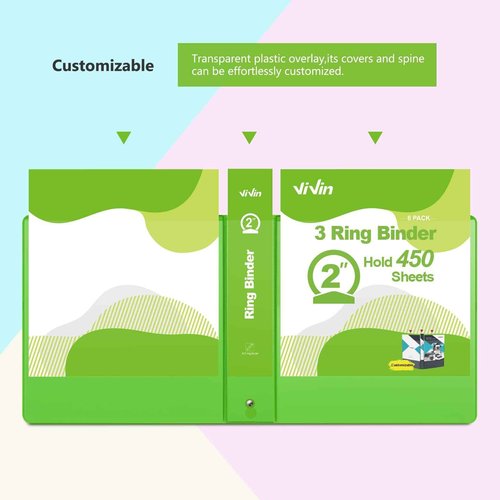 ViVin 2 Inch Round Ring View Binder for Durability, Standard 3 Ring Binder for 450 Sheets of US Letter Size Paper, PVC-Free, 6-Pack (Assorted)