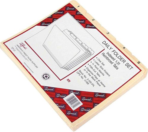 Smead Indexed File Folders, Daily, 1/5-Cut Tab, Assorted Positions, Indexed 1-31, Letter, Manila, 1 Set of 31 (11769)