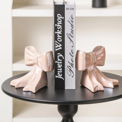 1 Pair Bow Bookends,Ceramic Book Ends Cute Sculpture,Unique Statues Decorative Tabletop Ornament Room Decor for Home Dorm Wall Desk Shelf (Pink)
