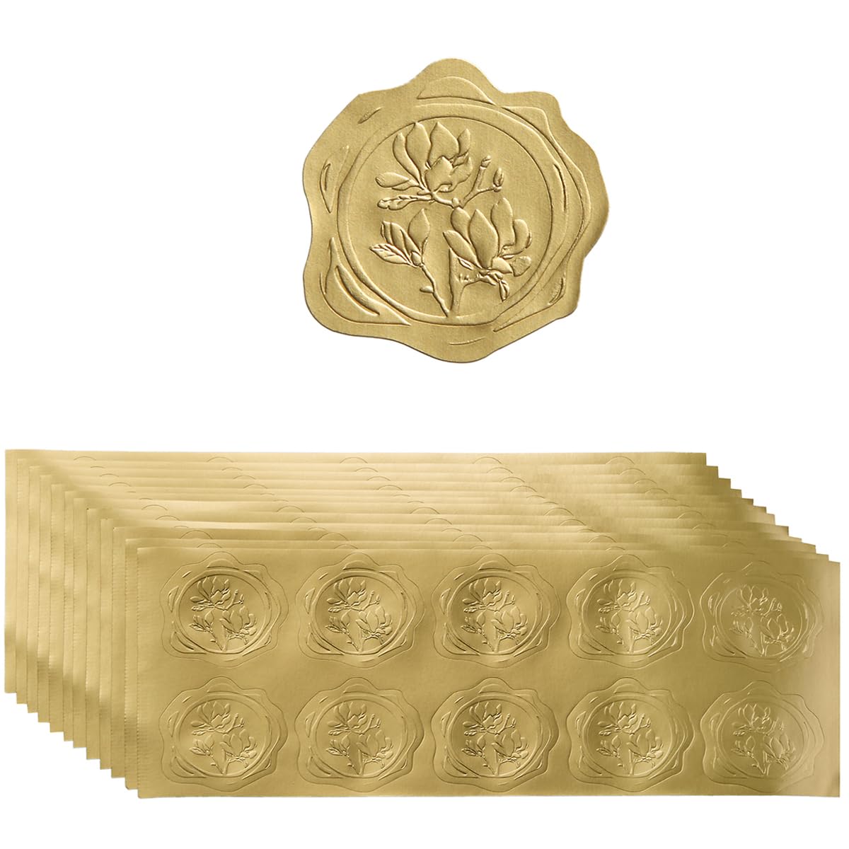 300 Pieces Embossed Gold Foil Stickers, Gold Magnolia