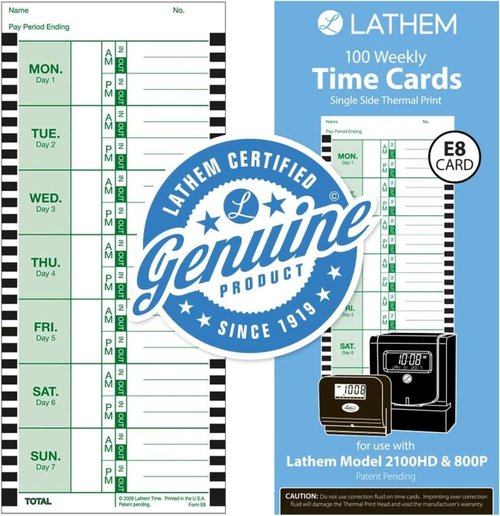 Time Card for Lathem Model 800P, 4 x 9, Weekly, 1-Sided, 100/Pack