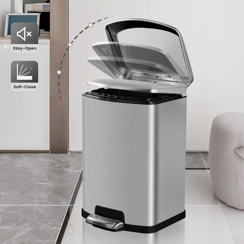 SYNCVIBE Bathroom Trash Can with Lid Soft Close 4 Gallon Small Kitchen Stainless Steel Garbage Can Rectangle Trash Bin for Narrow Office Kitchen Bedroom (Silver)