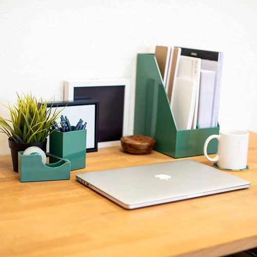 Alfion Magazine File Holder 2-Pack | Sturdy Plastic Vertical Organizer Box with Rubber Feet | Sage Green Desk Accessories for Modern Office