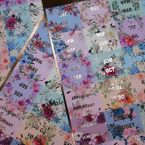 UPAFEXXI-Laminated Planner Monthly Tabs(72 Stickers in Total,24 Month,24 Subject,24 Blank) Calendar Monthly Label Stickers for Planners, Subject Label Adhesive Tabs for Folders, Pages(Floral)