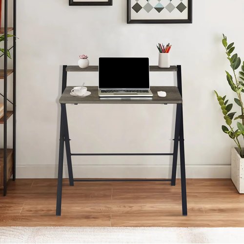 Folding Desk 2-Tier Foldable Table Space Saving Computer Table Writing Workstation for Home Office with Metal Frames/Wood Top Laptop, No Assembly Required, Rustic Brown, 31.9(L) x 20.5(D) x 33.5(H)