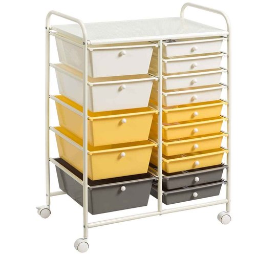 15-Drawer Storage Cart, Mobile Rolling Utility Cart w/Wheels, Multipurpose Organizer Cart for Tools, Scrapbook, Paper, Ideal for Home Office School (Yellow)