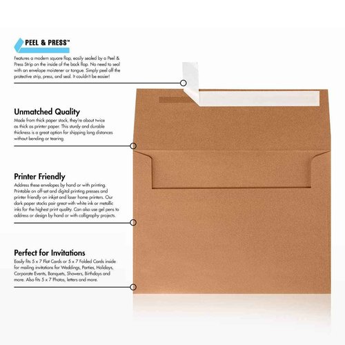 LUXPaper A7 Invitation Envelopes | Peel & Press | 5 1/4" x 7 1/4" | Copper Metallic | 80lb. Text | 250 Qty