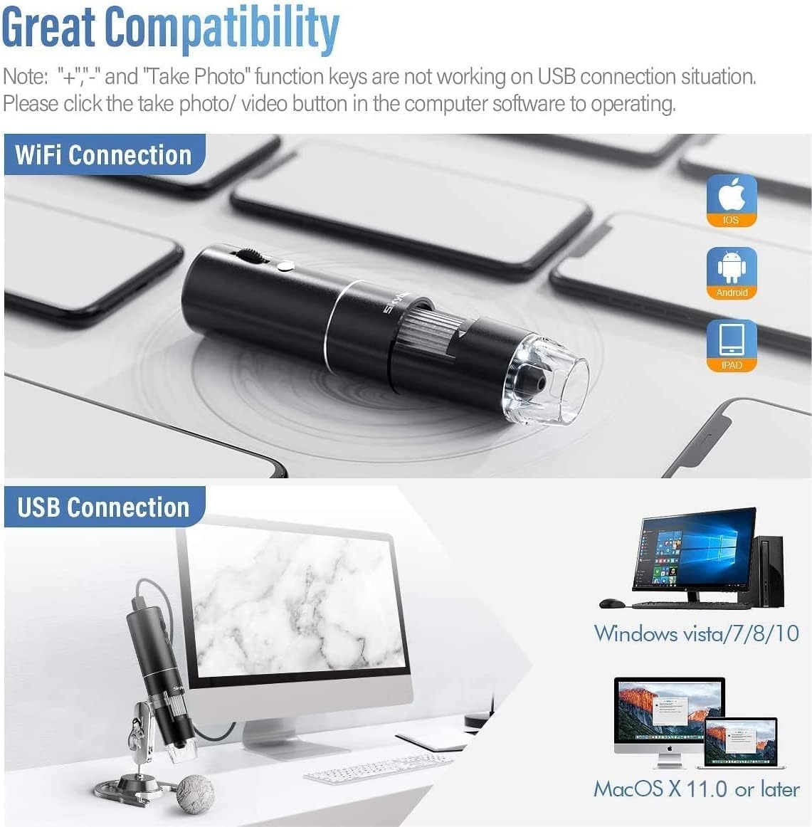 Skybasic Wireless Digital Microscope - 50X-1000X Magnification, Portable Handheld with Adjustable Stand | HD USB Camera for iPhone, Android, Windows, Mac