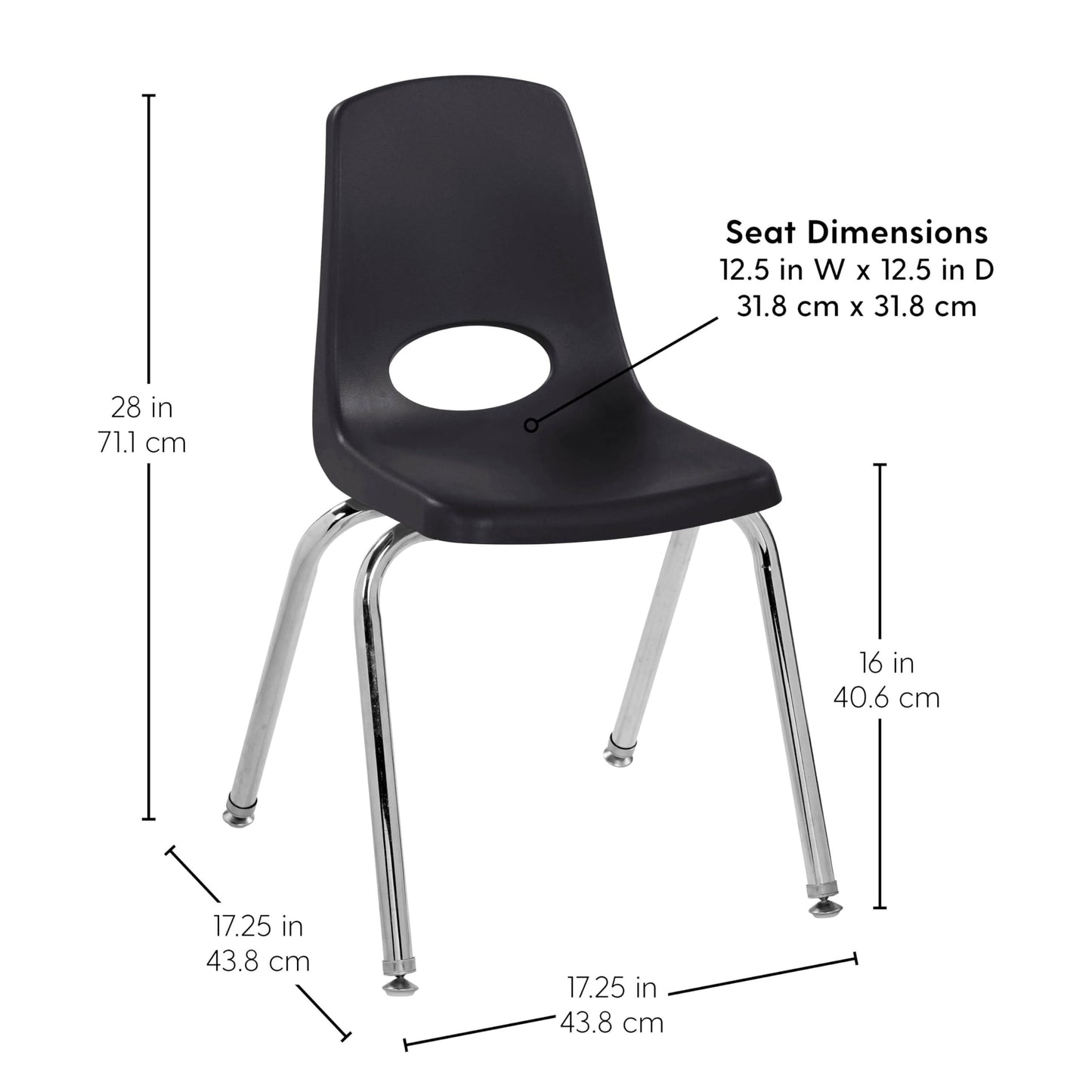 FDP 16" School Stack Chair,Stacking Student Seat with Chromed Steel Legs and Nylon Swivel Glides For In-Home Learning or Classroom - Black (6-Pack), 10368-BK