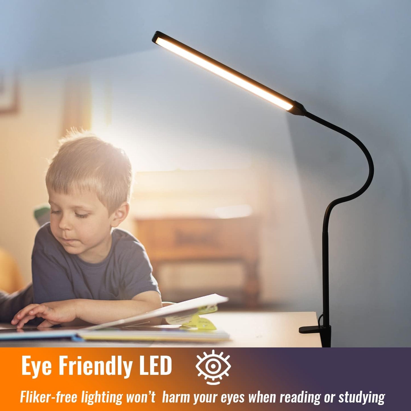 Skiennix LED Desk Lamp - Eye-Caring Clamp Light with 3 Color Modes & 10 Brightness Levels | 11W, 850 LMS