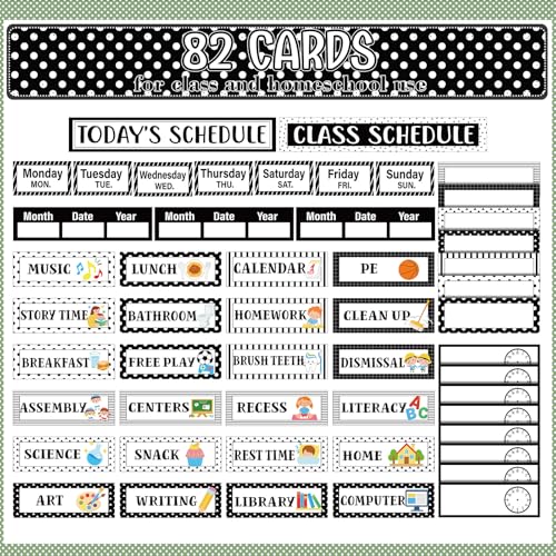 Funrous Black Daily Schedule Pocket Chart with 82 Cards - Classroom Organizer