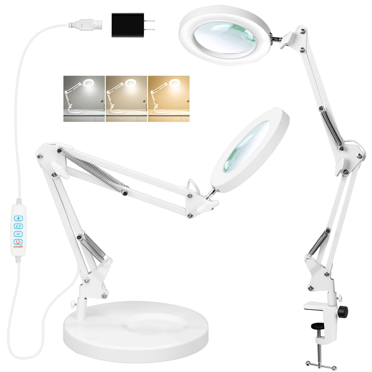 KIRKAS 10X Magnifying Glass with Light and Stand, 2-in-1 Stepless Dimmable LED Desk Lamp with Clamp, 3 Color Modes Lighted Magnifier Swivel Arm Light for Reading, Craft, Close Works - White