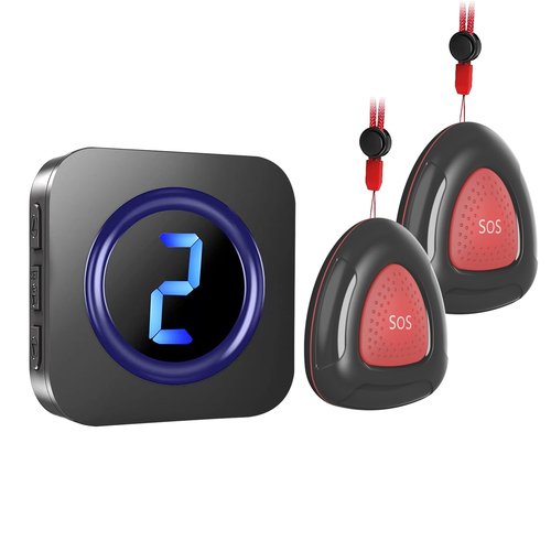 LIKEPAI Black Caregiver Pager Wireless Call Bell Personal Alarm Caregiver Call Button Life Alert System for Seniors Patients Home Elderly Help Assistance Pagers at 1,000ft Long Range 2 SOS Buttons