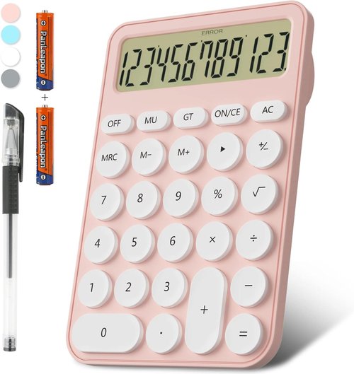 DECKLIT Desktop Calculator - Extra Large LCD Display with 12 Digits | Pink, 6.3" x 4.3" Size, 15° Tilt Screen