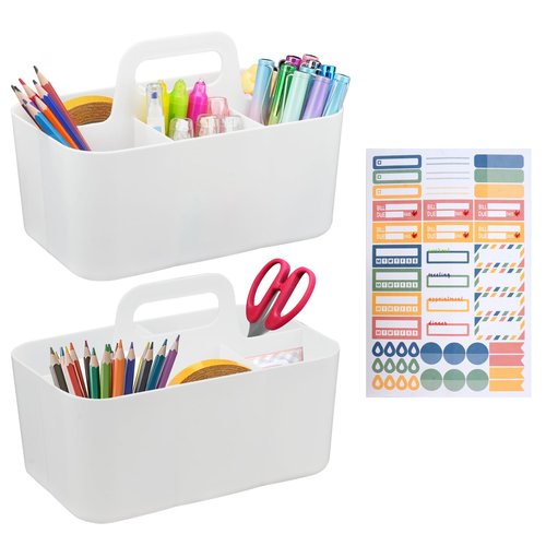 giteo bedding Desk Organizer with Handle, 2 Pcs Plastic 5-Compartmen Storage Caddy, Stackable Portable Container for Office, Bathroom, Craft, Cupboards (White)