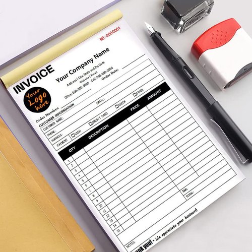 Custom Invoice Form with Your Company Name,Personalized Carbonless Sales Invoice Books Small Business Add Address,Phone and Number (Invoice-A+Logo, 2-Part [White/Yellow])