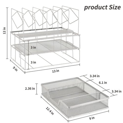 Youbetia Desk Organizers and Storage - Double Tray and 5 Upright Sections, Desk Accessories Office Supplies File Organizer, Book Display & Storage for School or Office, Silver