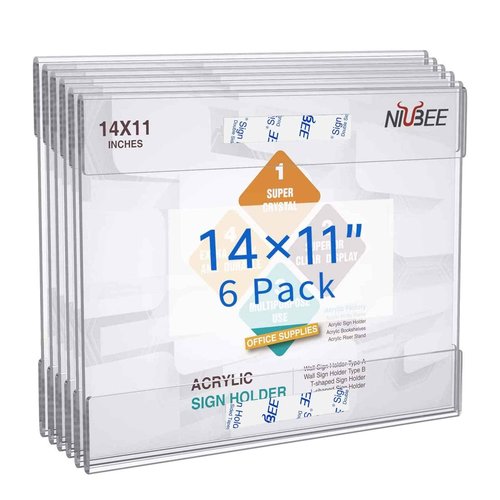 NIUBEE Acrylic Sign Holder 14x11 Inches Horizontal, Clear Plastic Wall Mount Sign Holder Poster Paper Holder with Double Sided Adhesive Tape for Office, Home, Store, Restaurant-No Drilling(6 Pack)