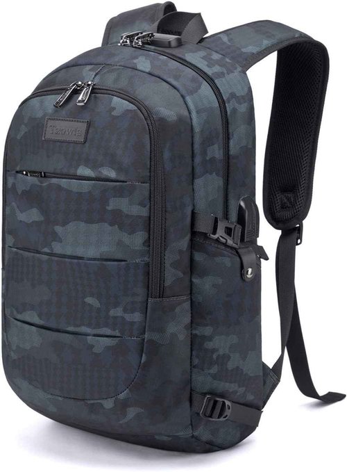 Tzowla Business Laptop Backpack Water Resistant Anti-Theft Backpack with USB Charging Port and Lock 17.3 Inch Computer Backpacks for Women Men, Casual Hiking Travel Daypack (Navy Blue Camo)