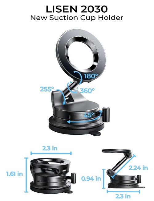 LISEN Suction Cup Phone Mount, Vacuum Magnetic Phone Holder, 360° Adjustable for MagSafe Car Holder Foldable Suction Phone Mount for Car, for Garmin GPS/Mirror/Smooth Surface, for iPhone 16 Pro Max 15