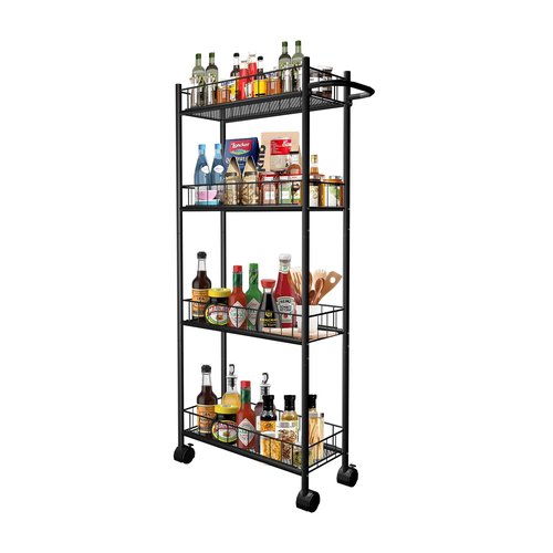 Utility Slim Storage Cart, 4-Tier Storage Cart, Narrow Cart with Handle, 7.1 Inches Deep, Metal Frame, for Kitchen, Dining Room, Living Room, Home Office, Rustic Brown and Classic (4 Tier Black)