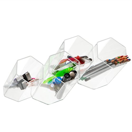 Jetec 12 Pieces Acrylic Office Desk Organizer, Hexagonal Transparent Clear Wall-Mounted Stationery Storage Box, Pencil Organizer Desktop for School Office Supplies
