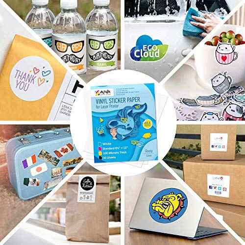 Printable Vinyl Sticker Paper for Laser Printer - Glossy White - 50 Self-Adhesive Sheets - Waterproof Decal Paper - Standard Letter Size 8.5"x11"