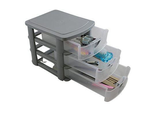 3 Drawer Mini Plastic Organizer Valet Makeup HBA Cosmetics Arts & Crafts Desktop Stationery Multi Purpose 7.5" x 6" x 6.5" (Gray)