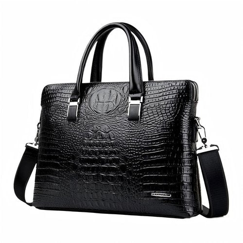 Luxury Crocodile Pattern Leather Briefcase, Business Laptop Bag with Shoulder Strap, Black, Black, Medium
