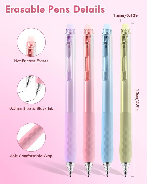 8PCS Erasable Pens, Fine Point 0.5mm Black and Blue Gel Ink Pen, Make Mistakes Disappear, Premium Comfort Grip for Drawing, Writing, Planning, and Crossword Puzzles (Black Blue Ink)