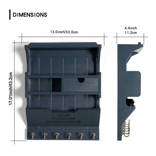 HEKFL Wall Mail Organizer with Storage Drawer and 6 Hooks, Easy Install Key Rack for Entryway and Home Decor, Luxury Gray